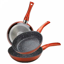 Cheffinger CF-FA03: 3-Delige koekenpannenset met marmeren coating Rood/Zwart